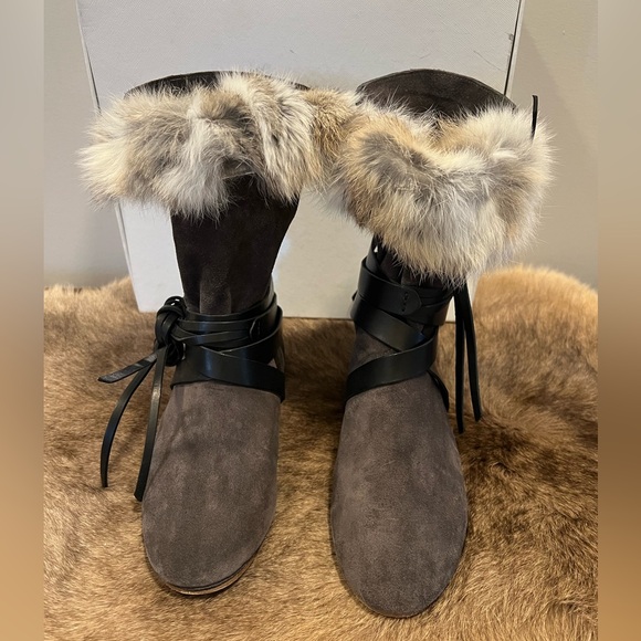 Isabel Marant NIA Gray Leather and Rabbit Fur Flat Boots - Picture 6 of 14